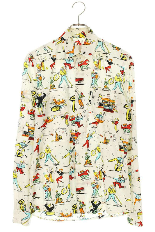 Prada All-Over Print Cotton Long Sleeve Shirt White Size S