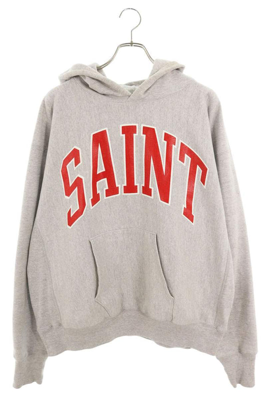 Saint Michael Logo Print Pullover Hoodie Gray Size L