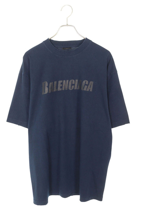 BALENCIAGA Destroyed Logo Print T-shirt Blue Size XXS