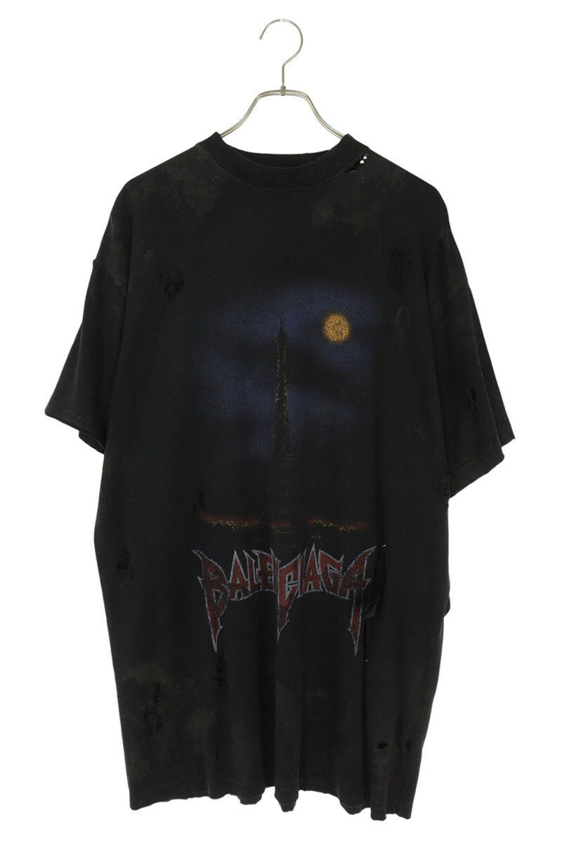 BALENCIAGA Paris Moon Distressed Oversized Tee Black Size S