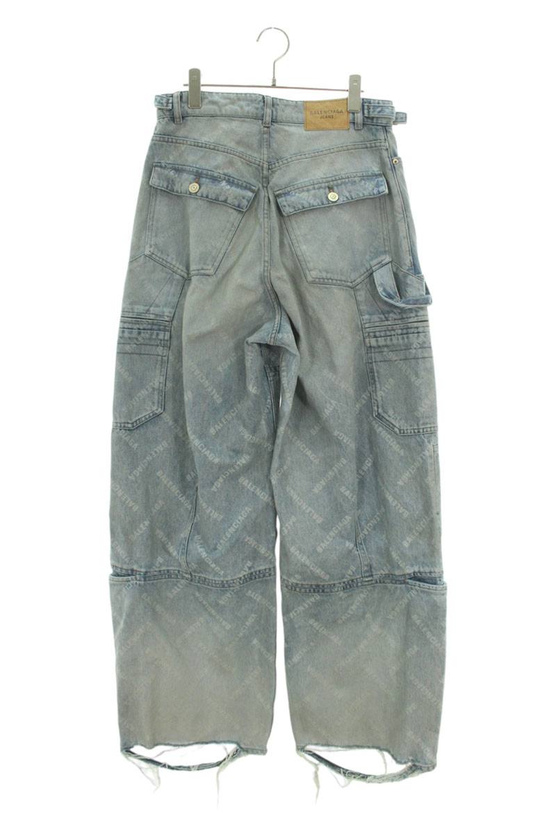 Balenciaga Logo All-Over Print Denim Pants Blue Size XS
