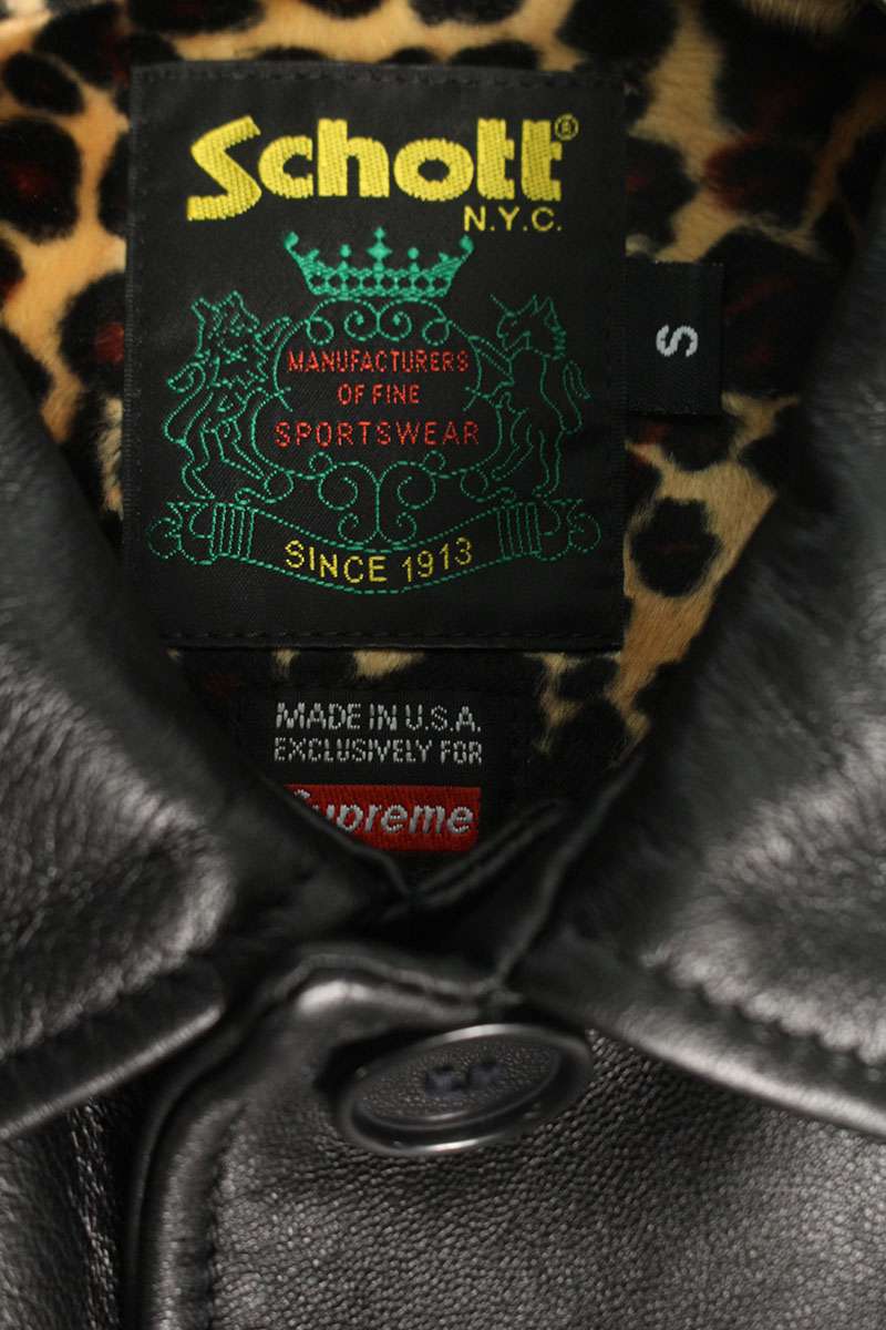 Supreme x Schott 25SS Leather Car Coat leopard Jacket Black Size S