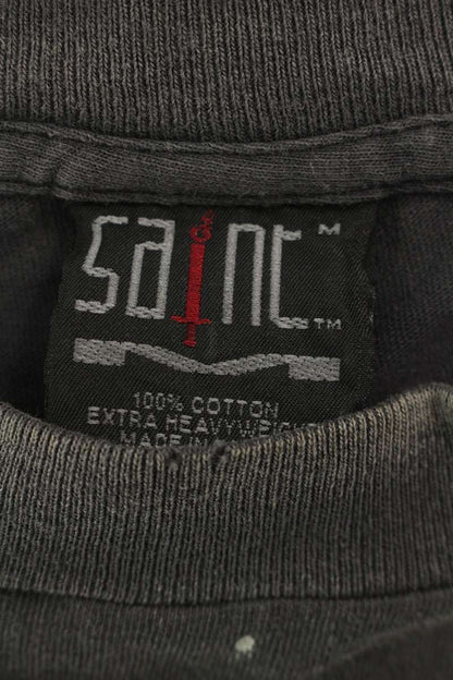 Saint Michael Front Print Distressed T-Shirt Black Size M