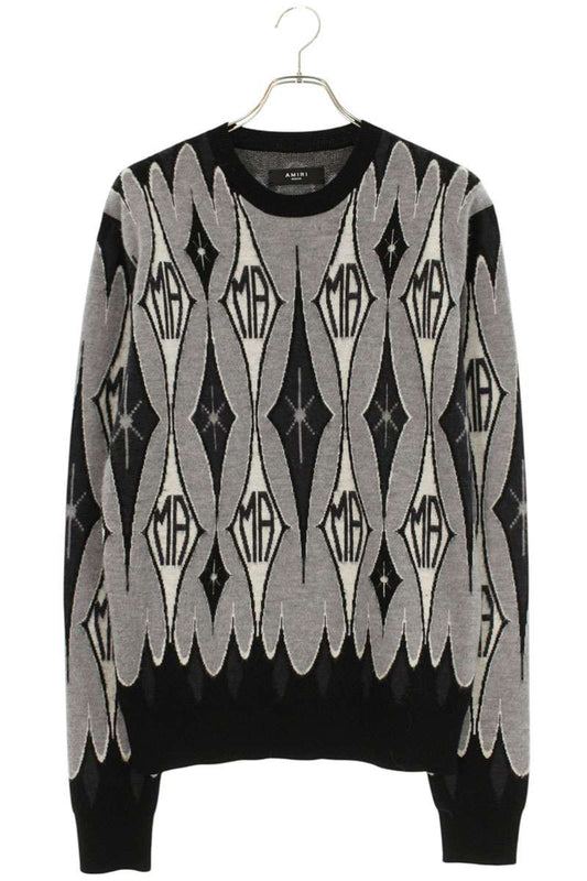 Amiri Crewneck Wool Knit Sweater Gray x Black Size M