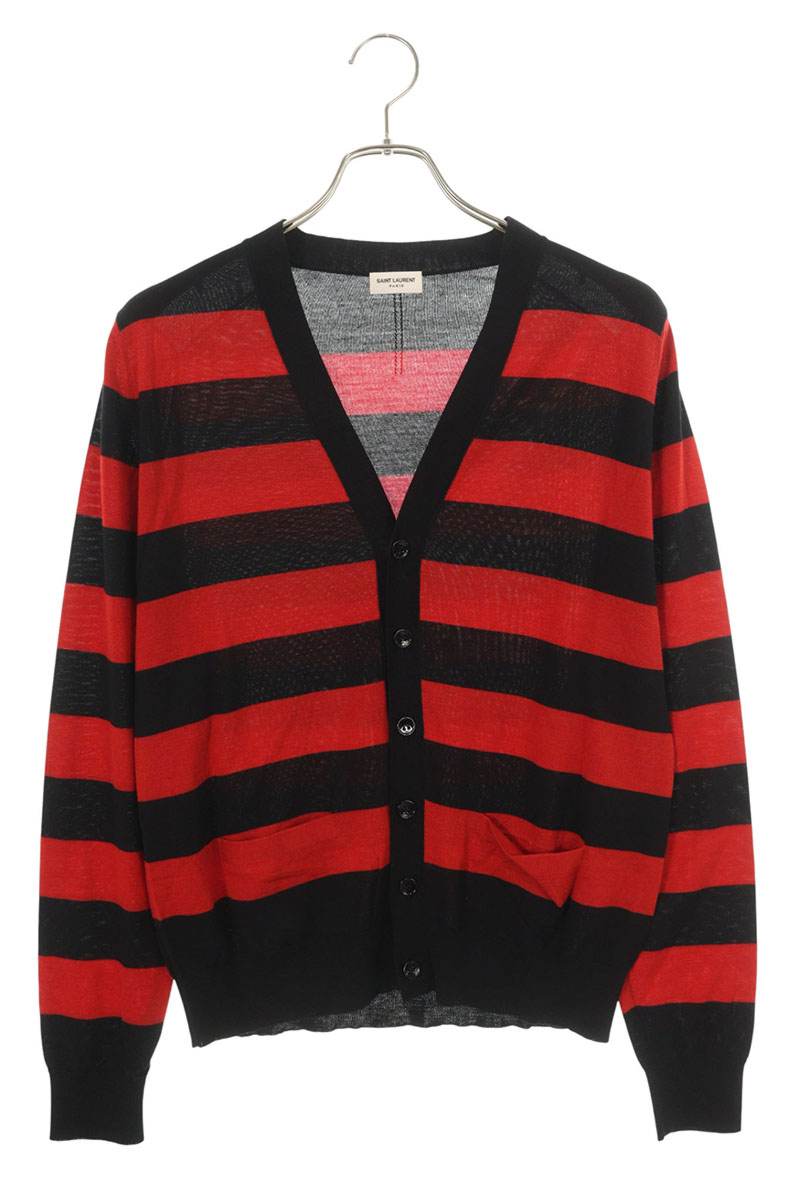 Saint Laurent Paris Cashmere Boarder Cardigan Red x Black Size S