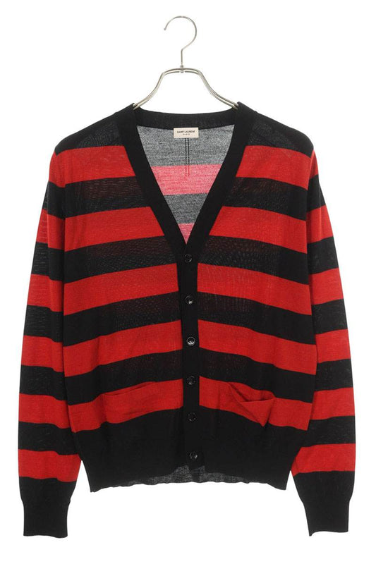 Saint Laurent Paris Cashmere Boarder Cardigan Red x Black Size S