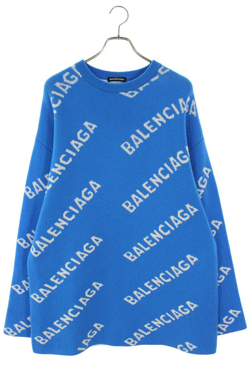 Balenciaga 20AW Logo Crewneck Knit Sweater Blue Size XS