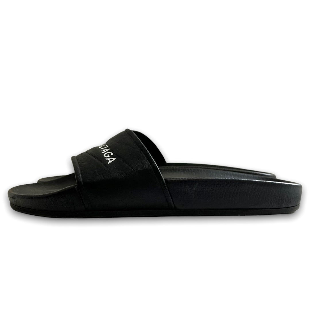 BALENCIAGA 18SS Logo Flat Leather Sandals Black Size EU 38
