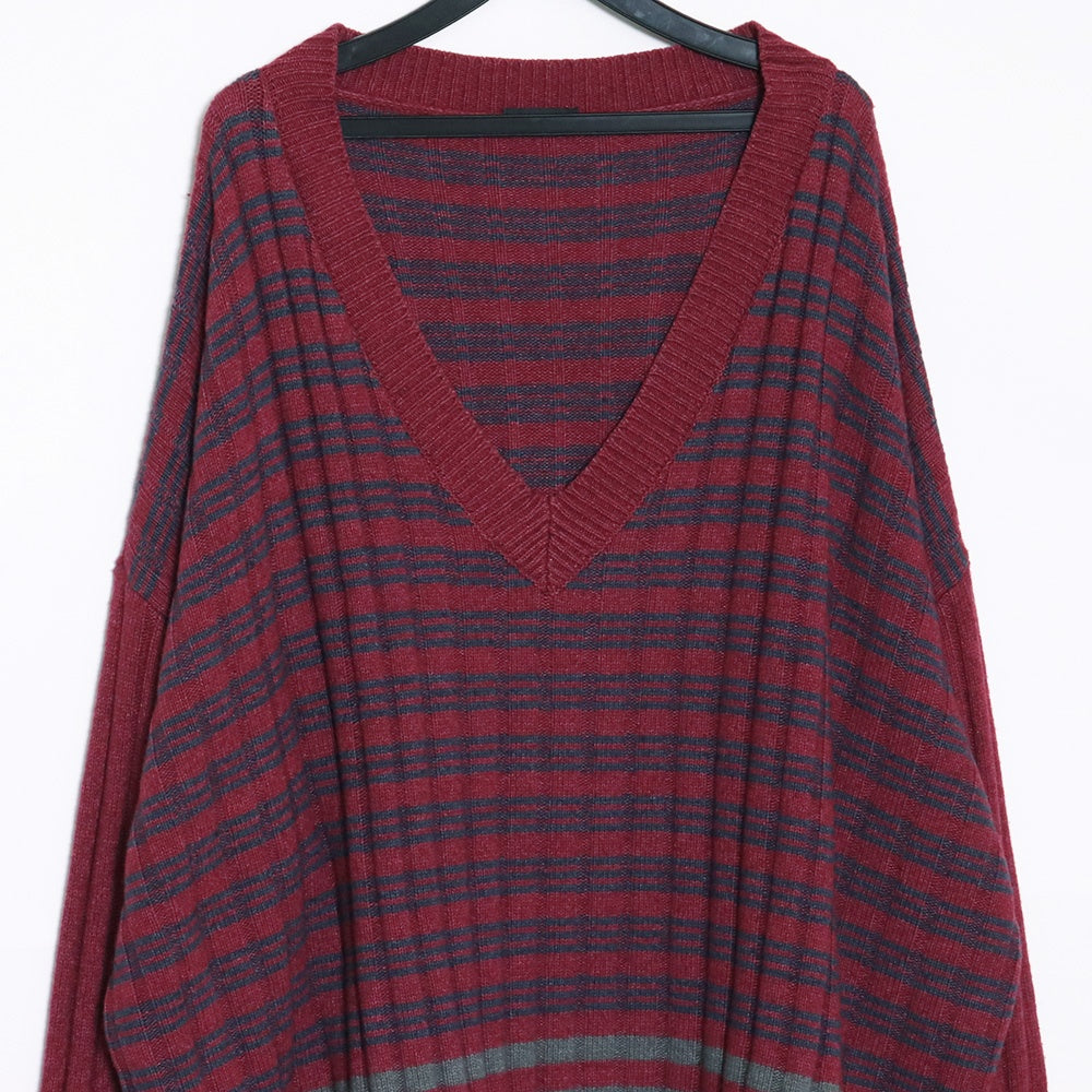 RAF SIMONS V-Neck Oversized Knit Sweater Burgundy Size S