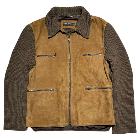 DOLCE&GABBANA Knit Sleeve Suede Zip Jacket Brown Size 48