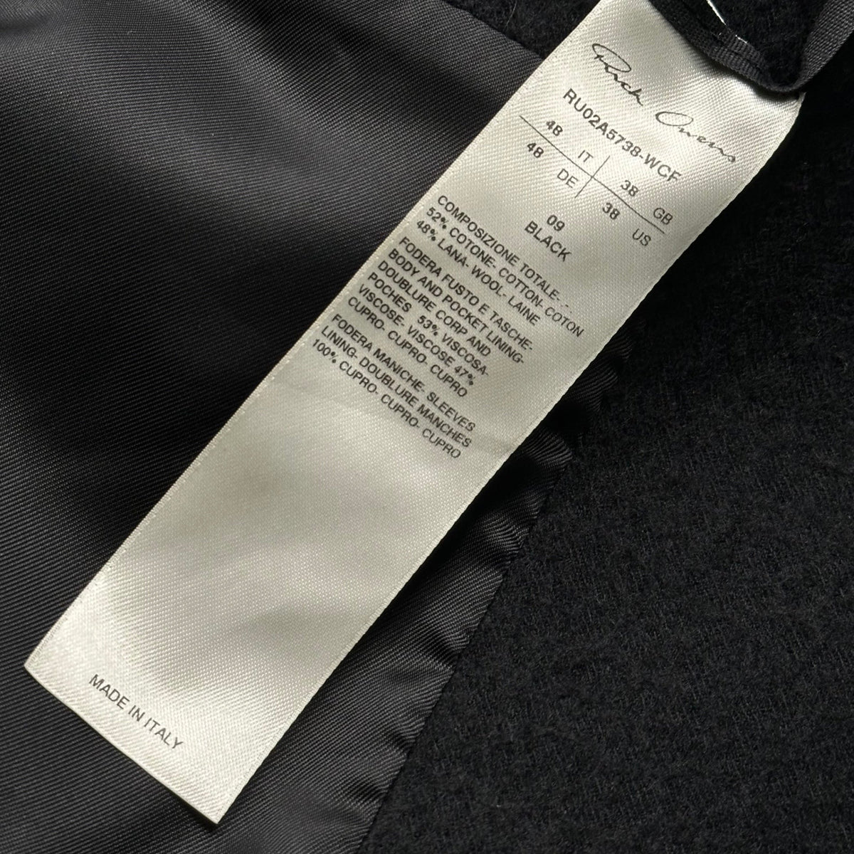 Rick Owens Cotton-Wool Brushed 1B Blazer Jacket Size 38