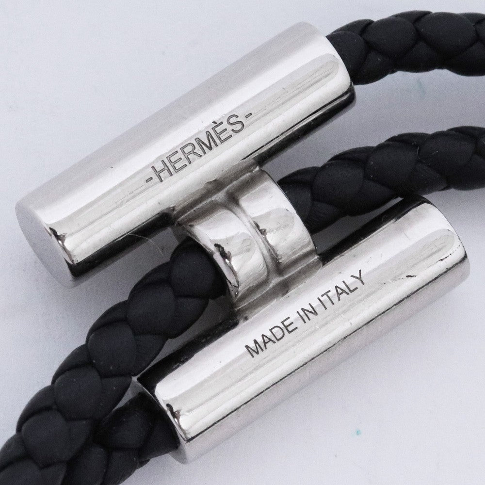 HERMES Tournis Tresse Leather Bracelet Black Size F