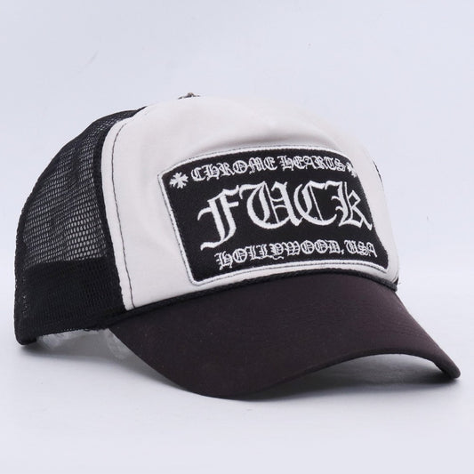 CHROME HEARTS OLD FUCK Trucker Cap Black White Size 4