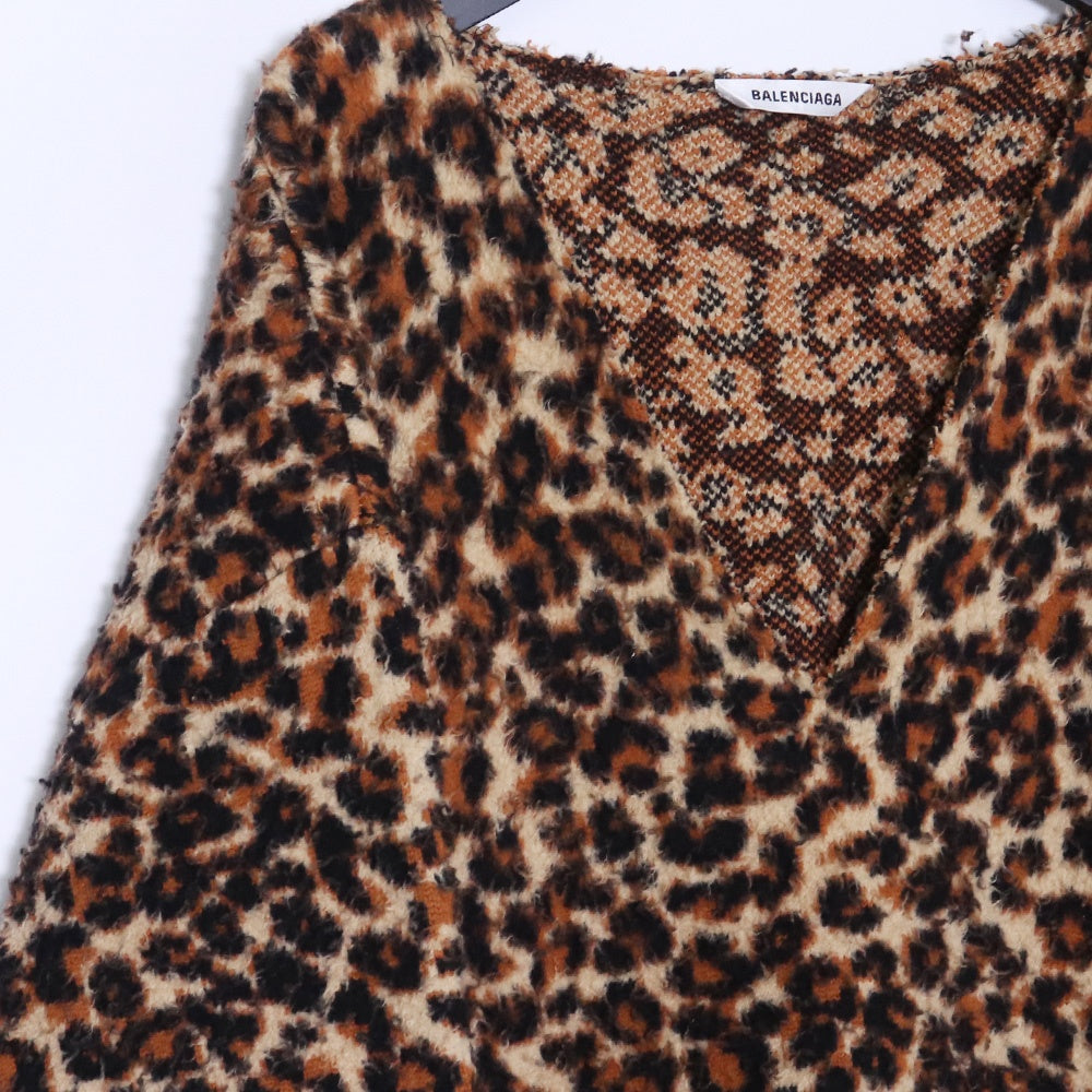BALENCIAGA Leopard Print V-Neck Sweater Beige Size XS