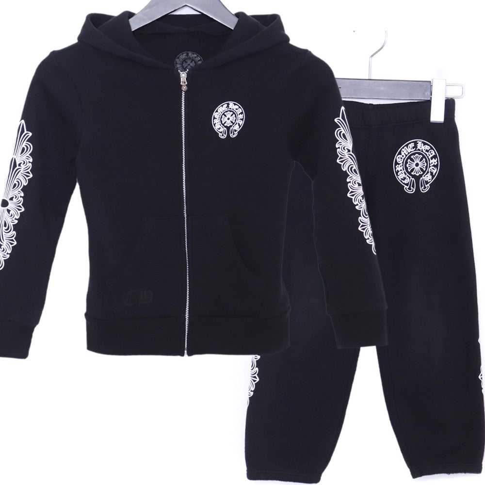 CHROME HEARTS Kids Floral Horseshoe Hoodie Set Black Size 8Y