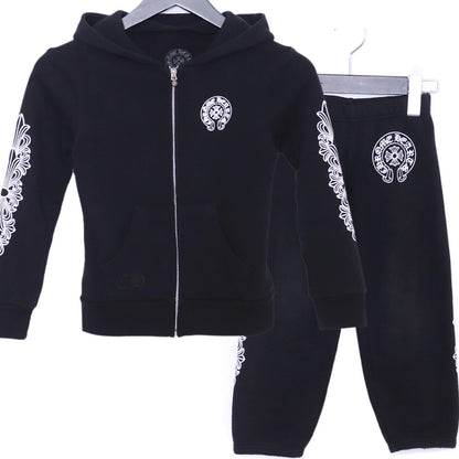 CHROME HEARTS Kids Floral Horseshoe Hoodie Set Black Size 8Y