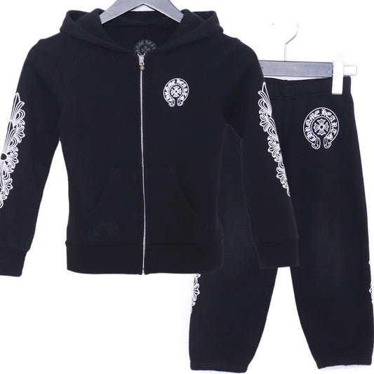 CHROME HEARTS Kids Floral Horseshoe Hoodie Set Black Size 8Y