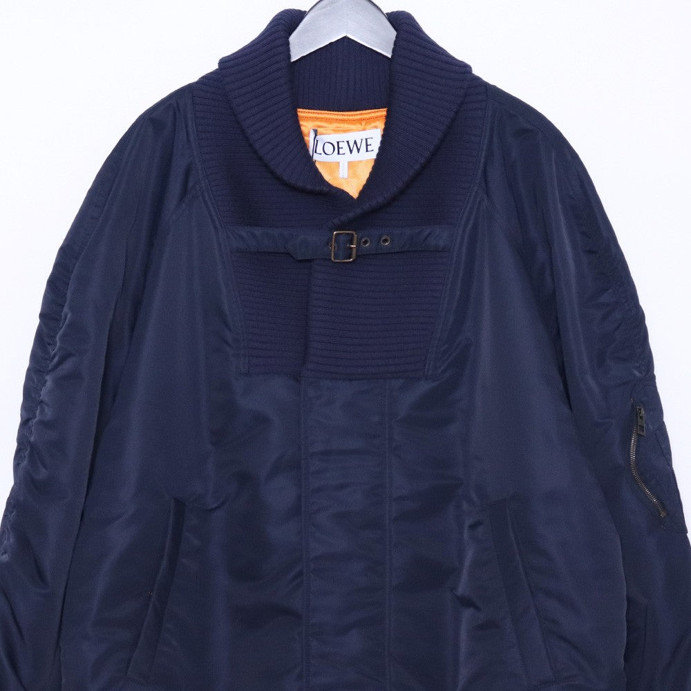 LOEWE Leather Patch Oversized Bomber Jacket Navy Size 42